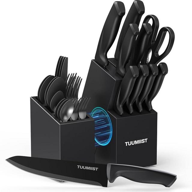 TUUMIIST 32-Piece Knife Set with Block, Sharpener, Silverware Set, and Removable Magnetic Utensil Holder (Black) - Precision Cutting and Organized Dining: Complete Kitchen Solution