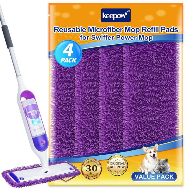 KEEPOW Reusable Power Mop Refill Pads Compatible with Swiffer PowerMop, Microfiber Power Mop Refills, Power Mop Pads for Hardwood Floor Cleaning, 4 Pack (Mop is Not Included)