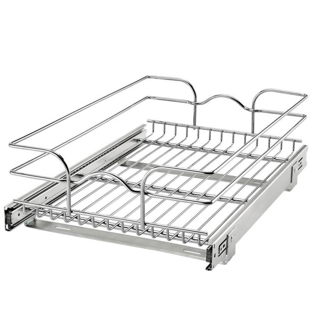 Rev-A-Shelf 5WB1-1522CR-1 15 Inch x 22 Inch Single Wire Basket Pull Out Shelf Storage Organizer for Kitchen Base Cabinets, Silver