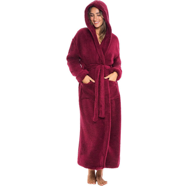 ADR Womens Fluffy Robe, Fuzzy Robe for Women, Long Hooded Robes for Women, Plus Size Robe Burgundy Medium