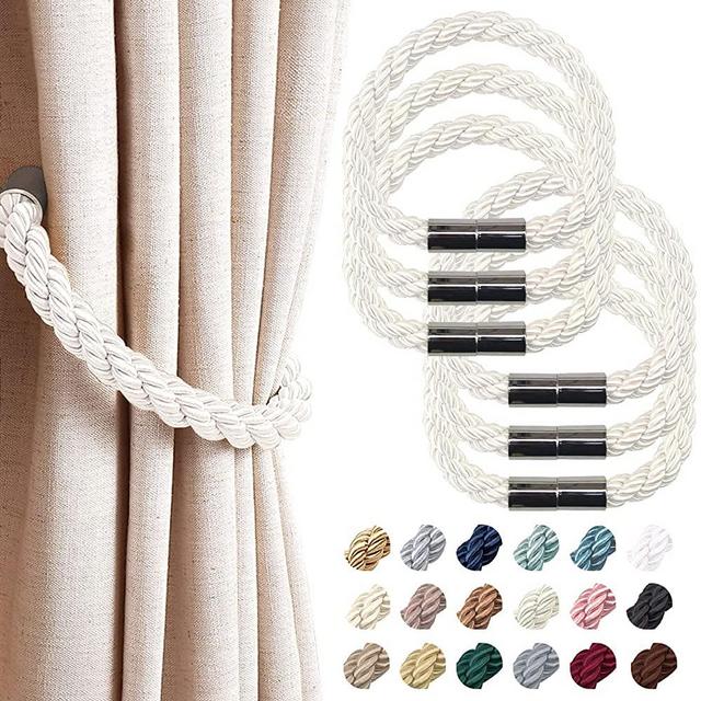 NICEEC 6 Pack Strong Magnetic Curtain Tiebacks Modern Simple Style Drape Tie Backs Convenient Decorative Weave Rope Curtain Holdbacks for Thin or Thick Home & Office Window Draperies (Creamy-White)