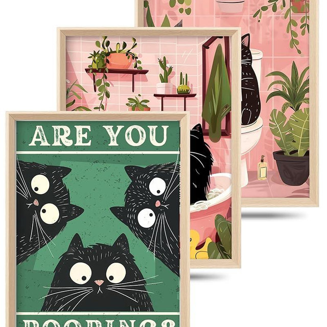 UPWOIGH Funny Cat Bathroom Wall Art, 12"x16" Wood Framed Canvas Decor, Are You Pooping? Black Cat Poster Set of 3, Cute Reading and Bathing Humor Prints for Kids Room Bedroom, Fun Gift Idea