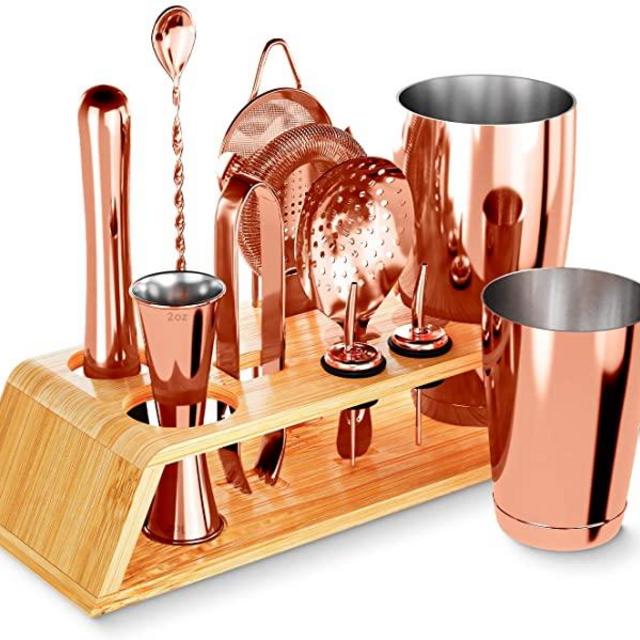 12-Piece Rose Gold Cocktail Shaker Set with Bamboo Stand