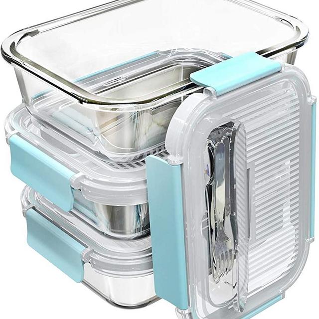 [3-Pack,36 OZ]Large Glass Food Storage Containers with Locking Lids - Bento Box Glass Lunch Containers - Glass Meal Prep Containers - Glass Storage Containers with Lids - Glass Snack Containers