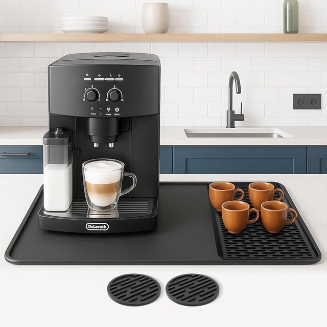 Silicone Coffee Mat 24" x 16" by Linda's Essentials - Large Coffee Bar Mat for Counter Station Accessories, Espresso Mat for Counter and Countertop with Detachable Silicone Drying Matt (Black)