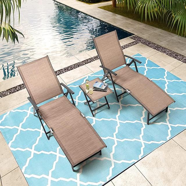 Pellebant 3PCS Aluminum Patio Chaise Lounge Chair and Table, Adjustable Chair for Outside with 8 Backrest Positions, Brown Frame, Folding Outdoor Recliners All Weather for Beach and Pool, Espresso