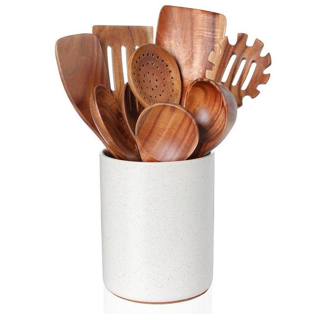 Nucookery Wooden Cooking Utensils Set with Holder, Teak Wood Utensils, Ceramic Holder for Countertop with Protection Cork Bottom, Nonstick Spoons, Cooking Spatula Set, 10 Pcs Kitchen Decor, (Sand)