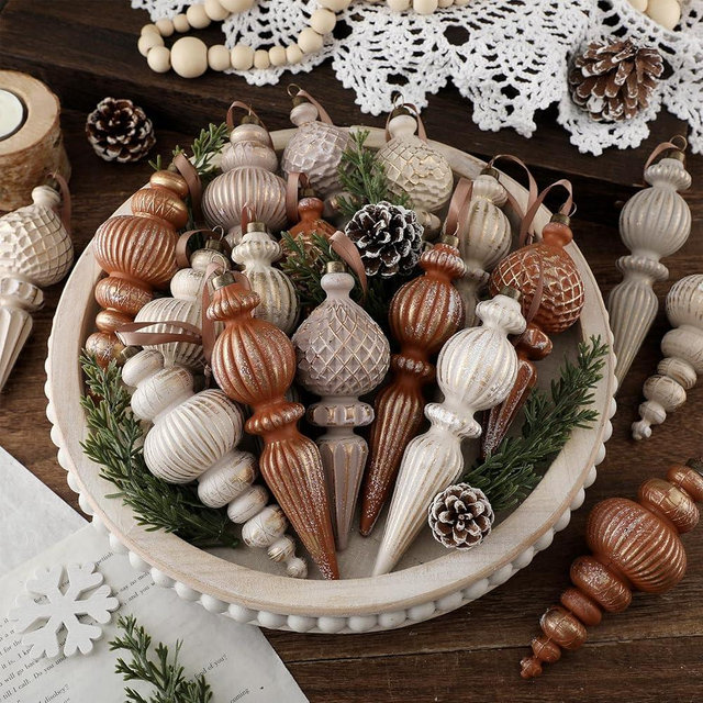 Yunlly 9 Pcs Neutral Christmas Ornaments Textured Christmas Tree Decor with Hanging Loop Modern Brown Hanging Finial Ornaments Shatterproof Home Decor for Xmas Vintage Rustic Farmhouse (Coffee Color)