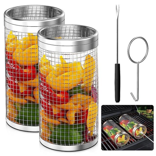 SBMKK Rolling Grill Baskets for Outdoor Grill, Round BBQ Grilling Baskets for Veggies, BBQ Net Tube Barbeque Vegetable Grill Accessories, Cage Cylinder for Fish, 2 PACK (two large)