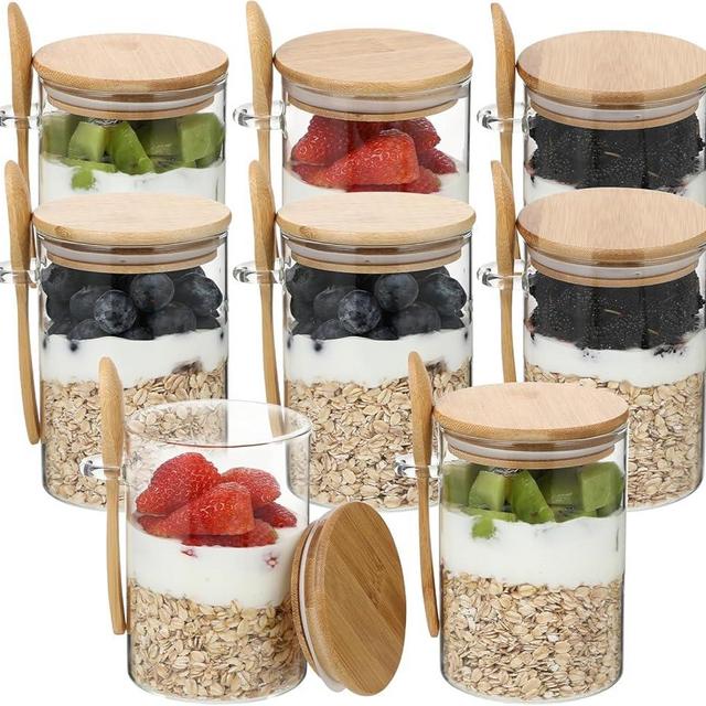 Eclawen Overnight Oats Containers with Bamboo Lids & Spoons, 18oz Glass Jars for Meal Prep, Chia Seed Pudding, Salad, Cereal, Sourdough Starter, Food Storage Jars for Breakfast & Snacks (8 Pack)