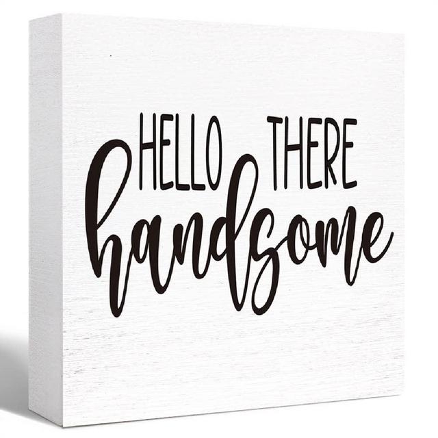 Funny Bathroom Wood Sign Hello There Handsome Gorgeous Wood Block Sign for Bathroom Shelf Toilet Restroom Home Tabletop Desk Decor,Farmhouse Bathroom Wooden Box Sign