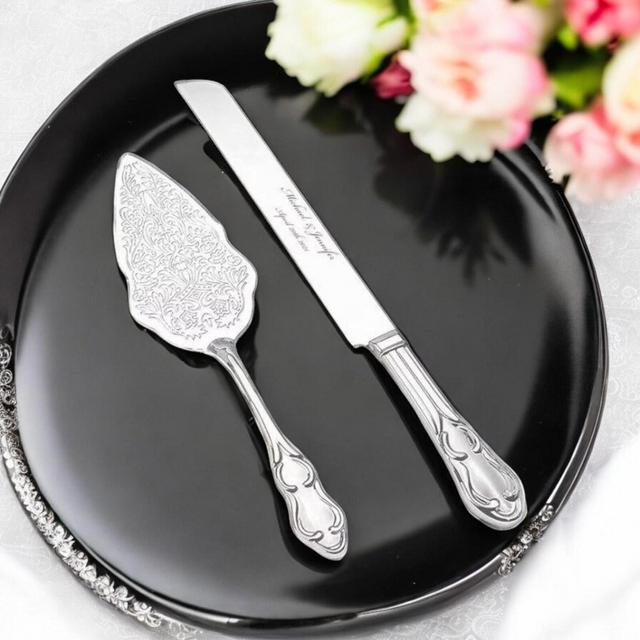 Personalized Wedding CAKE CUTTING SET Silver Serving Cutter Knife Server Knive Custom Engraved Minimalist Modern Vintage Traditional Bridal