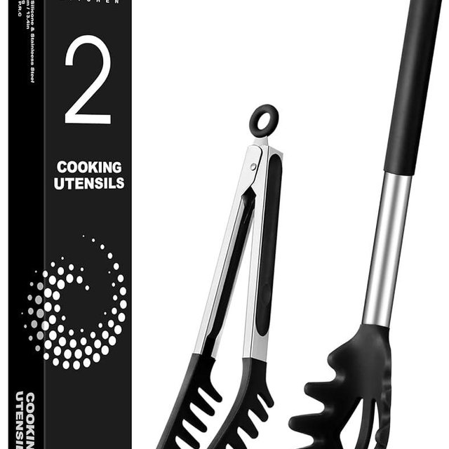 Spaghetti Spoon and Pasta Tong, Non-stick Silicone Spoon Server Fork with teeth and Stainless Steel Handle Spaghetti Tong, Food Clip for Spaghetti Noodle, Black