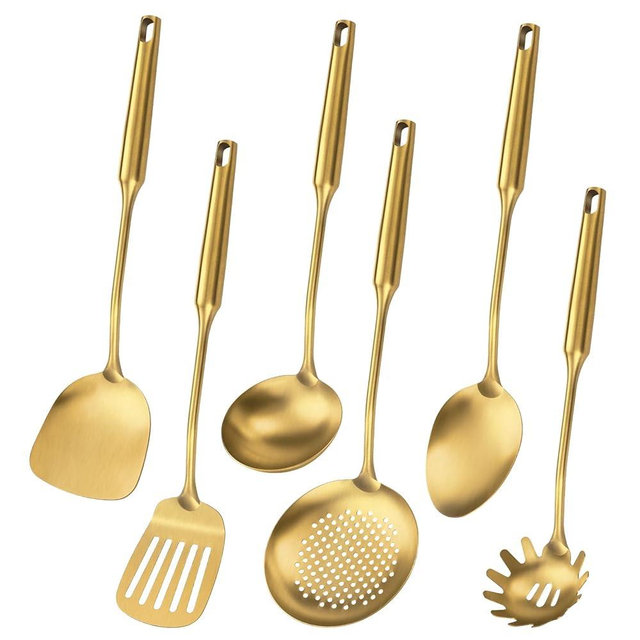 304 Stainless Steel Cooking Utensil,Kitchen Kitchen Utensil with Spatula, Solid Spoon, Ladle, Skimmer, Spaghetti Spoon, 6 Piece Set, Dishwasher Safe(Gold)