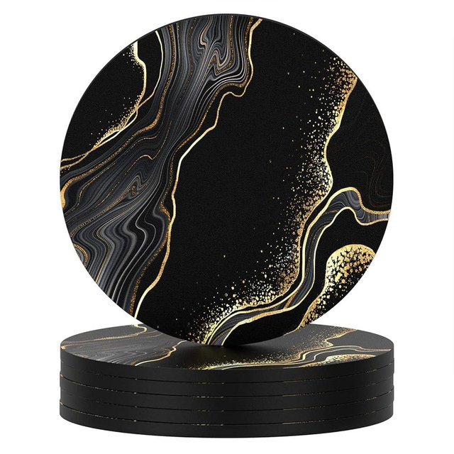 Nipichsha Coasters for Drinks, Set of 6 Cute Absorbent Rubber Drink Coasters for Cup with Non Slip Backing, Kitchen Home Decor Housewarming Gift, Round 4 in, Luxury Black Marble