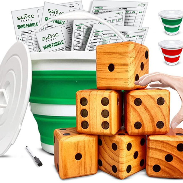 SWOOC Games - Yardzee, Farkle & 20+ Games - Light-Weight Yard Dice Game Set (All Weather) with Collapsible Bucket, 5 Big Laminated Score Cards, and Marker (Choose 2.5in or 3.5in Dice) Yard Games