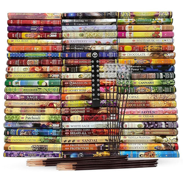 Hem Incense Sticks Variety Pack of 12 Randomly Selected Hexa Fragrances and Incense Stick Holder Bundle Total 240 Sticks