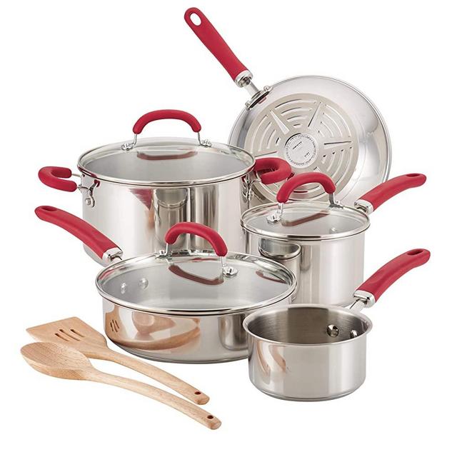 Rachael Ray Create Delicious Cookware Pots and Pans Set, 10 Piece, Stainless Steel with Red Handles