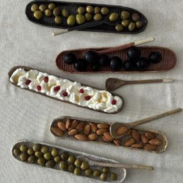 Ceramic Stripped Olive Boat and Spoon Set, Macadamia