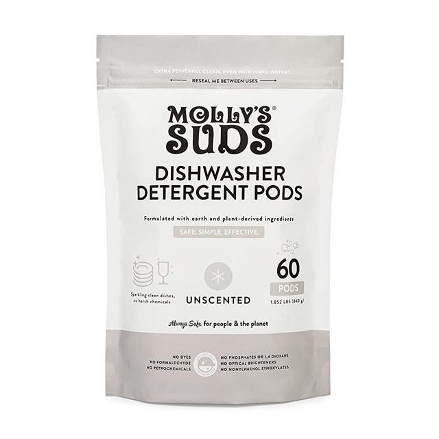 Molly's Suds Dishwasher Pods | Natural Dishwasher Detergent, Cuts Grease & Rinses Clean (Residue-Free) for Sparkling Dishes, Biodegradable Auto-Release Tabs (Fragrance Free - 60 Count)