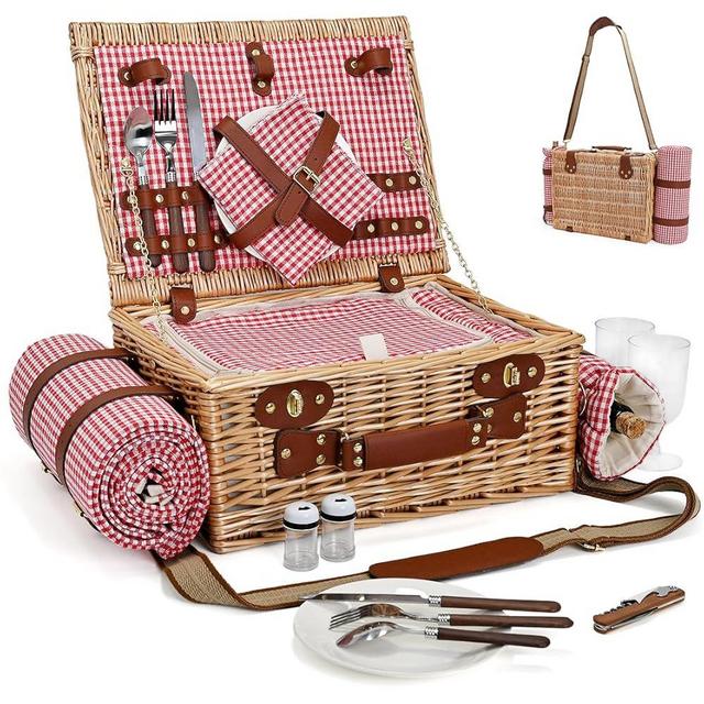 Picnic Basket with Blanket and Wine Pouch for 2, Wicker Picnic Set with Insulated Liner Cooler Bag Hamper for Camping,Wedding - Red Gingham