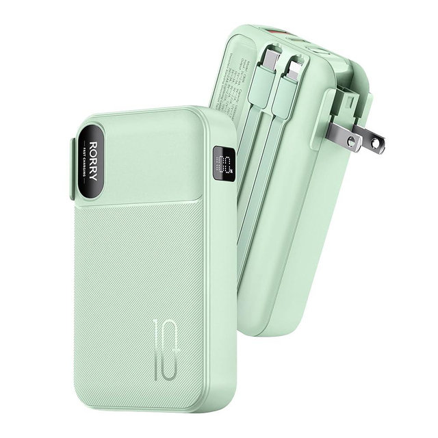 RORRY Portable Charger Built in Cables, AC Wall Plug In Portable Charger Power Bank 10000mAh Travel Battery Pack 22.5W Fast Charging for iPhone 17/16/15 Samsung Galaxy S24/S23/S22 Pixel LG iPad, Green