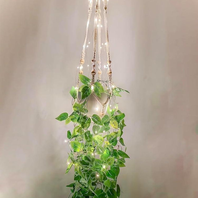 2 Packs Fake Hanging Plant with Lights Artificial Plants with Pots for Home Decor Macrame Plant Hanger with Faux Vines Greenery for Bedroom Bathroom Room Ceiling Wall Boho Decor Indoor Outdoor