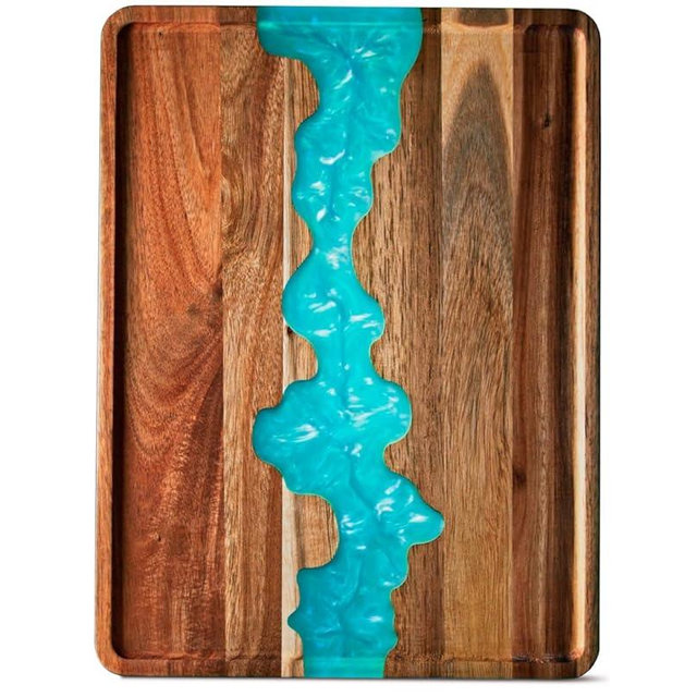 Comfify Visually Stunning Celeste Blue Resin + Acacia Wood Serving Tray - Modern 12x16 Serving Tray for Food, Breakfast in Bed, Coffee Table, Decor