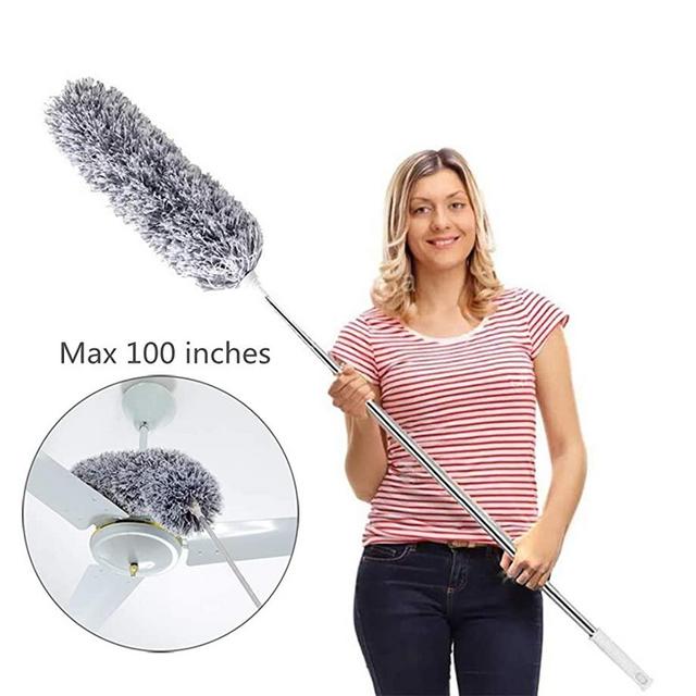 Microfiber Duster with Extension Pole(Stainless Steel), Extra Long 100 inches, with Bendable Head, Extendable Duster for Cleaning Ceiling Fan, High Ceiling, Keyboard, Furniture & Cobweb