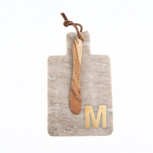 Artisanal Kitchen Supply Marble Monogram Letter "M" Serving Board with Spreader