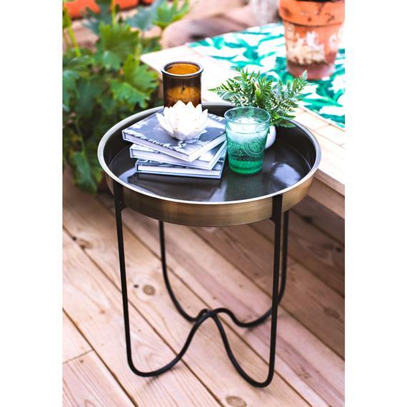 H Potter Side End Table Indoor Outdoor for Patio Deck Balcony Living Room - Antique Brass Finish - Quick Folding Removable Round Metal Tray