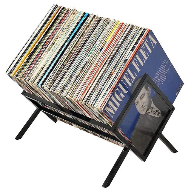 2BHOME Vinyl Record Storage Holder, Holds up to 90-110 LPs, Metal Vinyl Record Organizer Stand, Simple/Functional/Easy Assembly, Classical Design for Files/Book/Magazine Record Rack (Black)