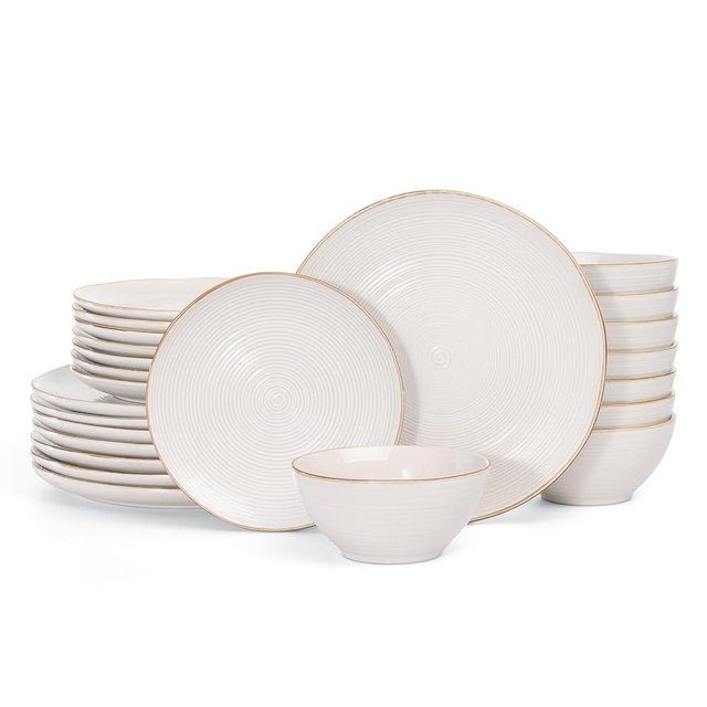 famiware Tempus Plates and Bowls Sets for 8, 24 Pieces Stoneware Dinnerware Sets, Dishes Set, Reactive Glaze Dishware Sets, Dishwasher & Microwave Safe - Antique White