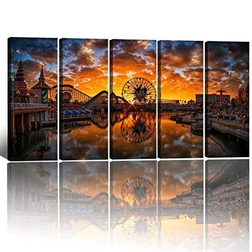 Large Canvas Art Prints Dusk Scenery Wall Art,Disney Castle Mickey Ferris Wheel Sunset Lake Prints Canvas Picture Amusement Park Landscape Painting for Living Room Modern Decor Gifts Total 60 x 32"