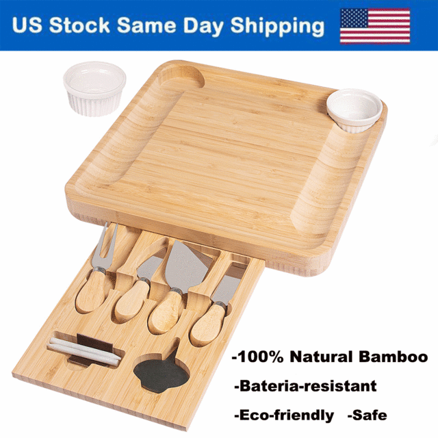 Bamboo Cheese Board and Knife Set-Charcuterie Board Set with Cutlery in Slide-out Drawer Cheese Cutting Board Serving Tray for Couple Wedding Housewarming Gift Cheese Plates Picnic Accessories