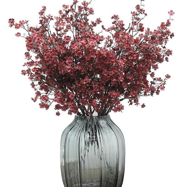 JAKY-Global Babys Breath Silk Artificial Flowers Bulk w/Vase 10pcs Fall Decor Fake Flower Bouquet Bulk Home Kitchen Indoor Bouquet Floral Arrangement Table Centerpieces Decor(Burgundy Red)