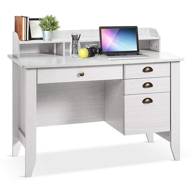 Computer Desk with Drawers and Hutch, Home Office Desk,Wood Frame Vintage Style Student Table with 4 Drawers & Bookshelf, PC Laptop Notebook Desk, Spacious Writing Study Table(White)