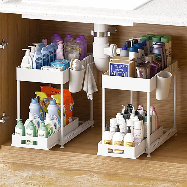 Under Sink Organizer, Under Bathroom Cabinet Storage 2 Tier Under Sink Storage Rack with 6 Hooks, Under Cabinet Organizer Baskets, Multi-purpose Under Sink Shelf Organizer for Bathroom Kitchen