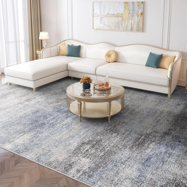 Washable Abstract 9x12 Area Rug: Low Pile and Non-Slip Rubber Backing Modern Large Soft Stain-Resistant Carpet for Living Room Bedroom Dining Room Kitchen and Home Office Blue Grey