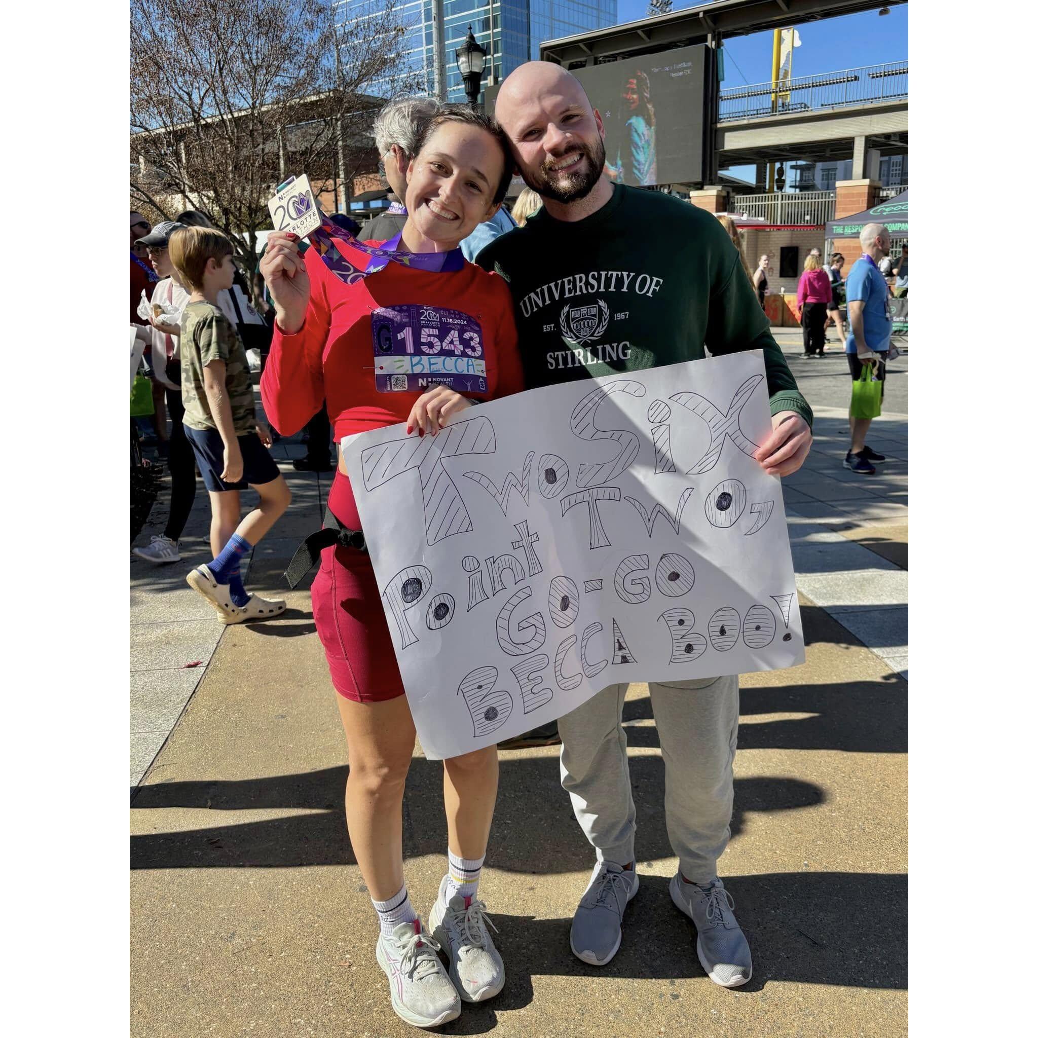 Becca ran her first (and probably last) marathon in November of 2024 and Pete supported her every step of the way! He thought he could embarrass her with this sign but it didn't work.