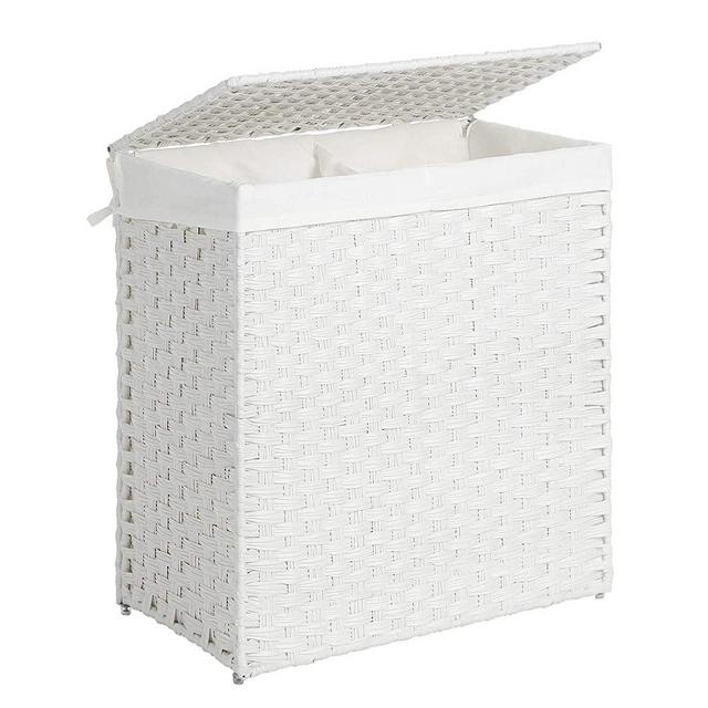 SONGMICS Divided Laundry Hamper, Handwoven Laundry Basket, Synthetic Rattan Clothes Hamper with Removable Liner Bag, White ULCB52WT