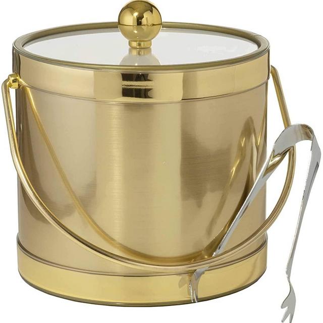 Hand Made In USA Brushed Gold Print Double Walled 3-Quart Insulated Ice Bucket With Bonus Ice Tongs