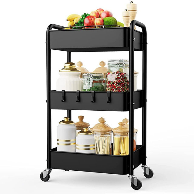 LEHOM 3 Tier Rolling Utility Cart, Metal Trolley Cart with Wheels, Hooks, Easy Assembly Organizer Storage Cart for Bathroom, Kitchen, Office, Bedroom(Black)