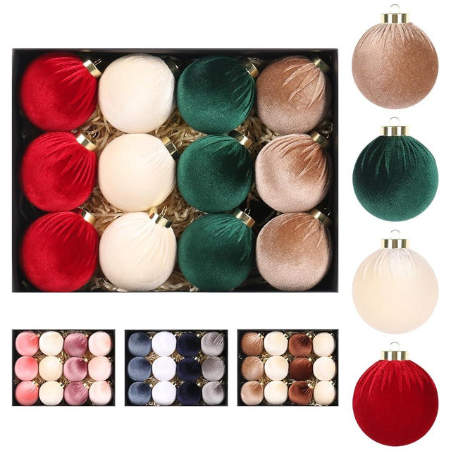 Super Holiday 3.14" Velvet Christmas Balls, 12PCS 80MM Plastic Christmas Ball Ornaments for Xmas Tree Hanging Decorations Assortment, for Holiday Party Decor, Red, White, Green, Coffee