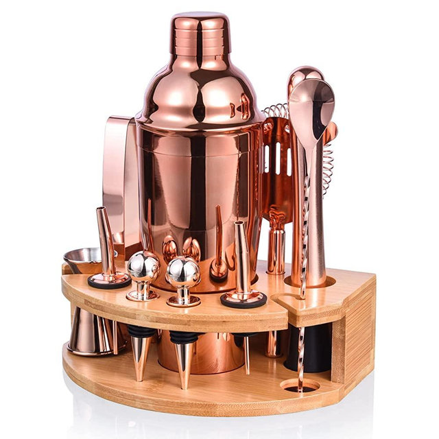 Esmula Bartender Kit with Stylish Bamboo Stand, 12 Piece 25oz Cocktail Shaker Set for Mixed Drink, Professional Stainless Steel Bar Tool Set - Cocktail Recipes Booklet
