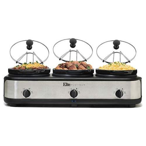 Elite Platinum EWMST-325FFP Triple Slow Cooker Buffet Server, Adjustable Temp Dishwasher-Safe Oval Ceramic Pots, Lid Rests, 3 x 2.5Qt Capacity, Black/Silver