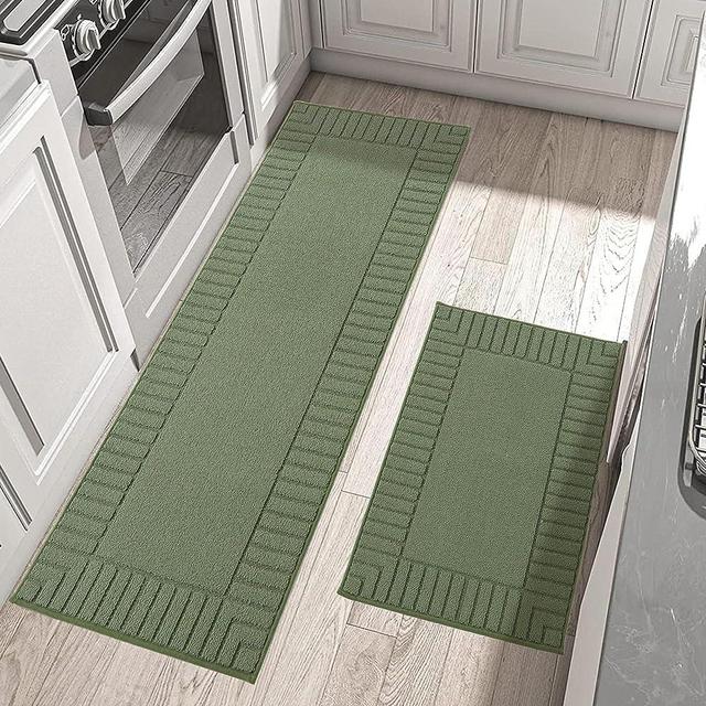 BEQHAUSE-Kitchen-Rugs-Non-Slip-Kitchen-Mats-for-Floor Machine Washable Kitchen Rugs 2 Pieces Kitchen Carpet Runner with TPR Backing,Green,24x35inch/24x60inch