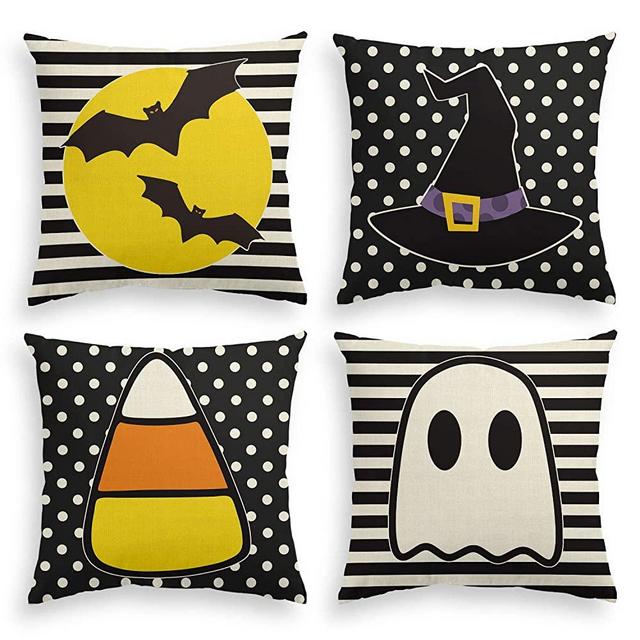 AVOIN Halloween Bat Witch Hat Candy Corn Ghost Throw Pillow Cover, 18 x 18 Inch Stripes Polka Dot Cushion Case for Sofa Couch Set of 4