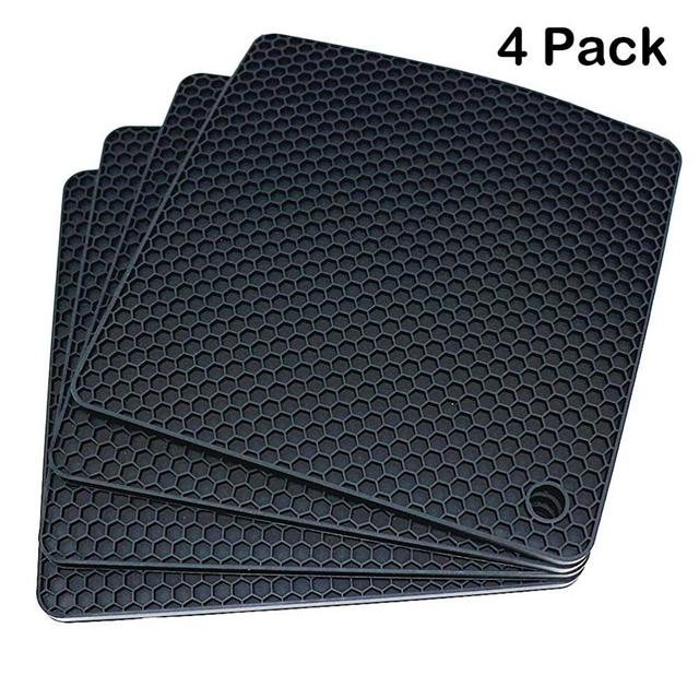Smithcraft Silicone Pot Mat for Countertop Trivet Pads Heat Resistant Table Placemats 4 Pack,Size:7.5x7.5 Inch, Color: Black, Shape:Square