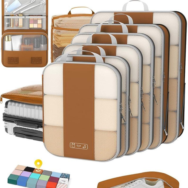 10 Set Compression Packing Cubes for Travel Essentials,Compressible Expandable Packing Cubes for Suitcase,OlarHike Luggage Organizer Bags for Travel,Handy Helper for Organizing Clothes(Brown)